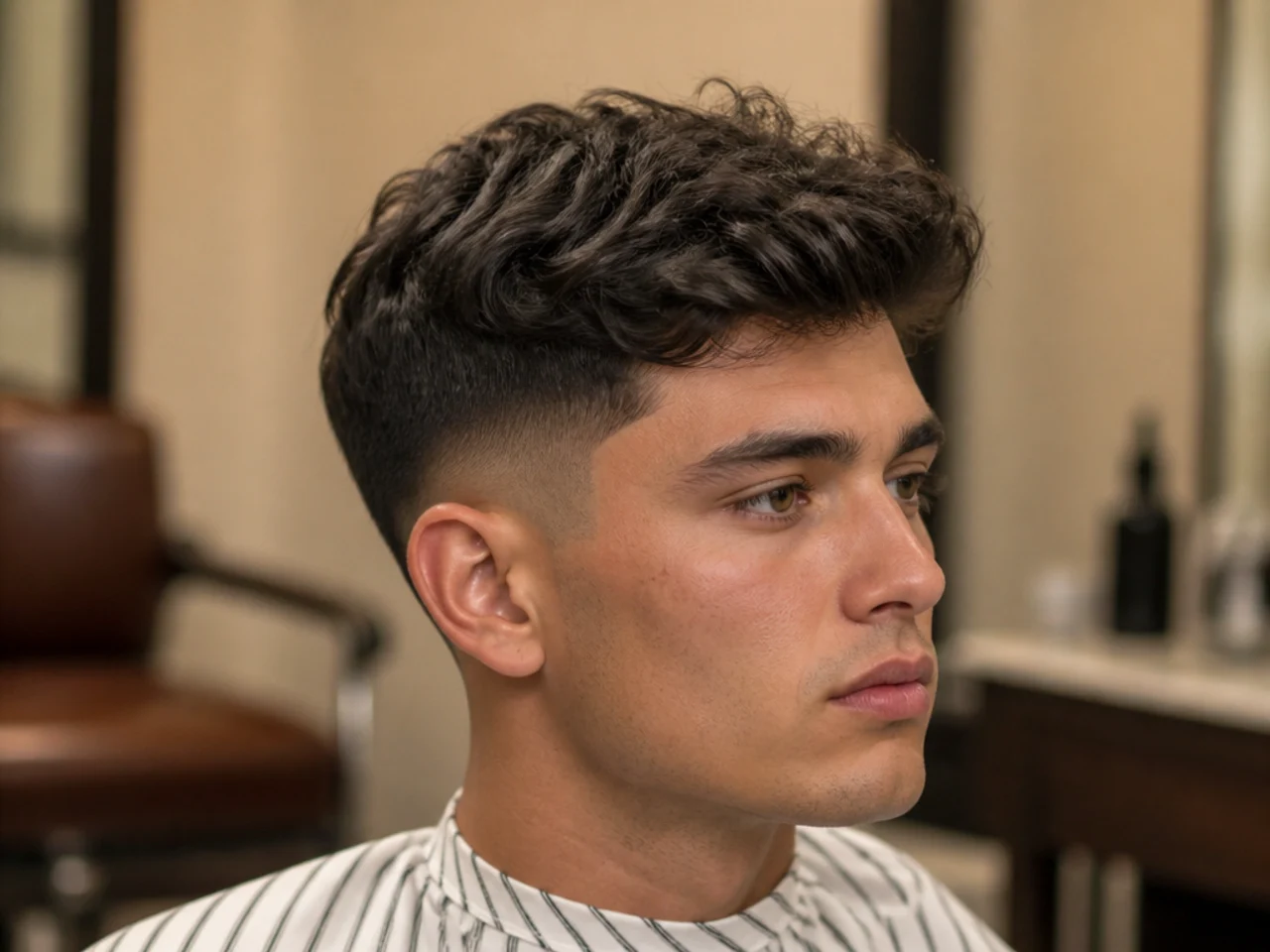Barbershop scene of a client showing a phone reference to the barber for an old money fade haircut