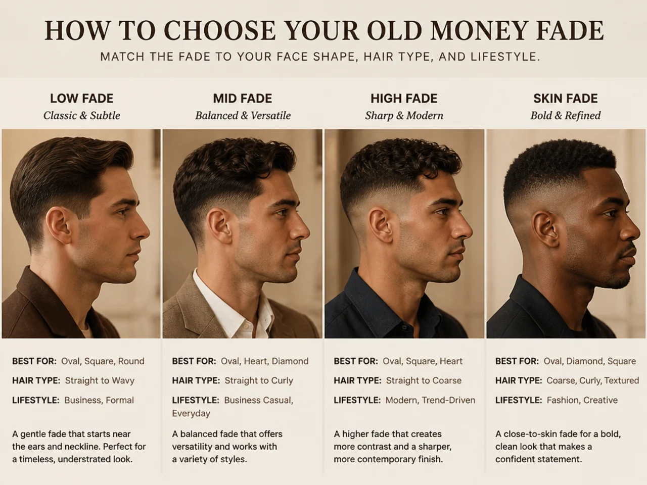 Barbershop reference sheet with face shape diagrams and fade position charts for choosing an old money fade haircut