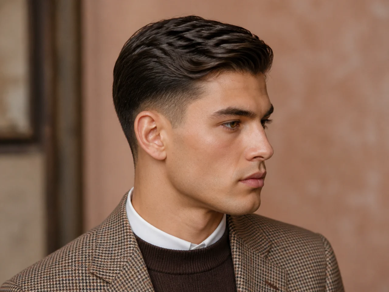Ivy league low fade haircut with two-inch top, natural side part, subtle low fade, matte finish