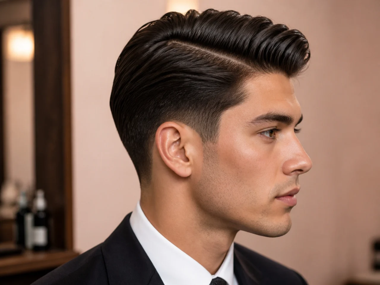 Kennedy side part haircut with low taper, three-inch top, natural sweep, matte finish