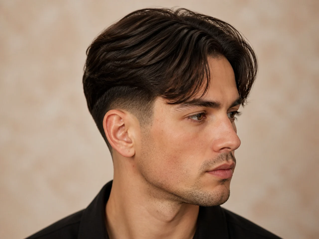 Loose curtain front haircut with low fade, four-inch top, middle-swept fringe, matte finish, quiet side blend