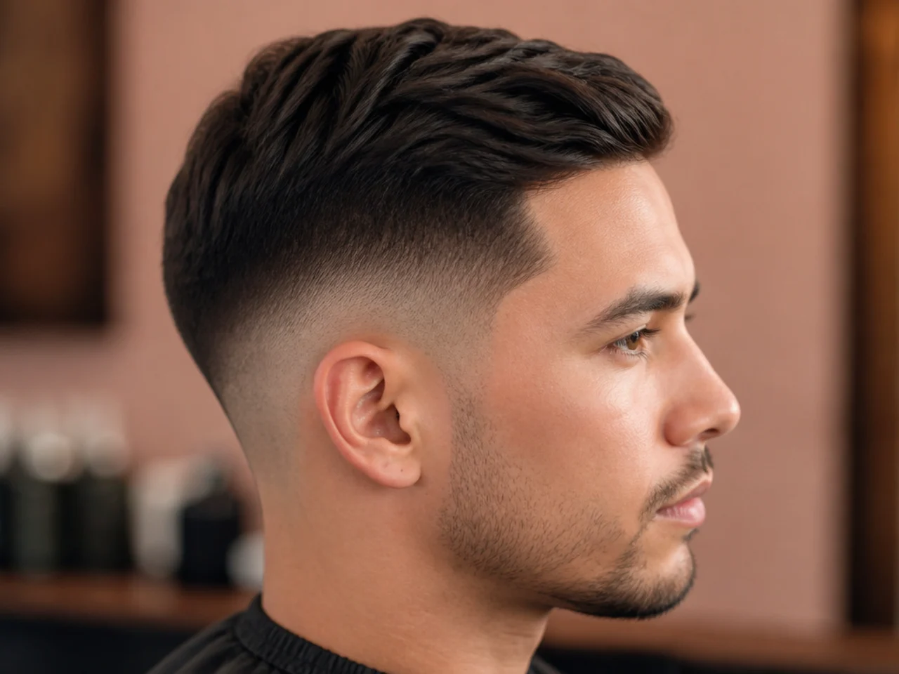 Modern gentleman's low fade haircut with three-and-a-half-inch top, brushed back, matte finish, quiet side blend