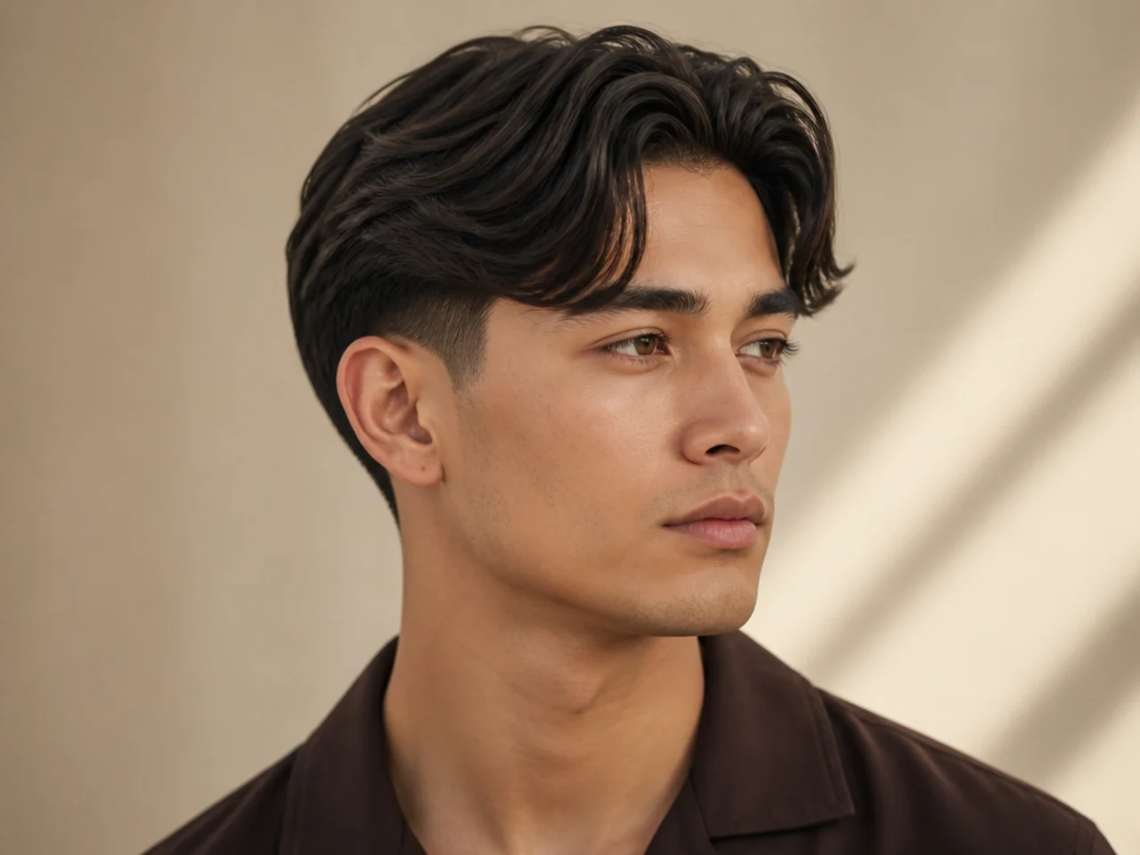 Modern middle part with low taper fade, four-inch top, centered part, matte finish, quiet side blend