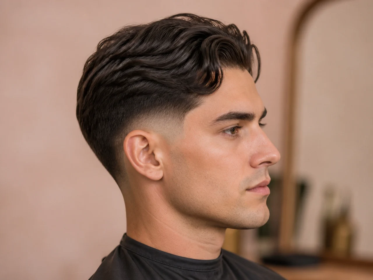 Prep-school comma haircut with low fade, small comma fringe, three-inch top, matte finish