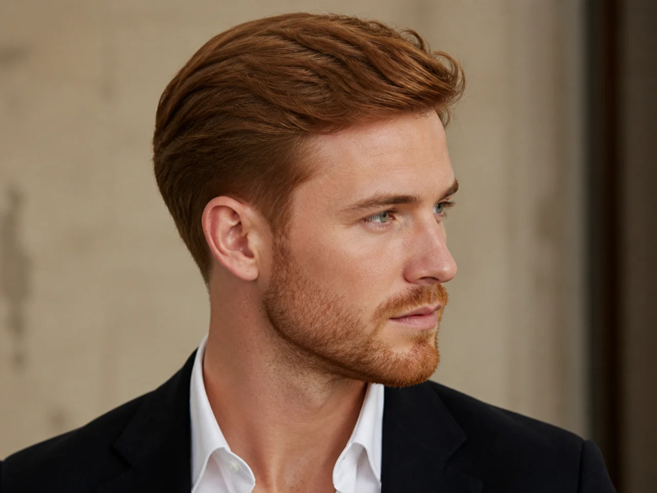 Prince Harry side-swept haircut with low taper, three-inch top, natural sweep, matte finish