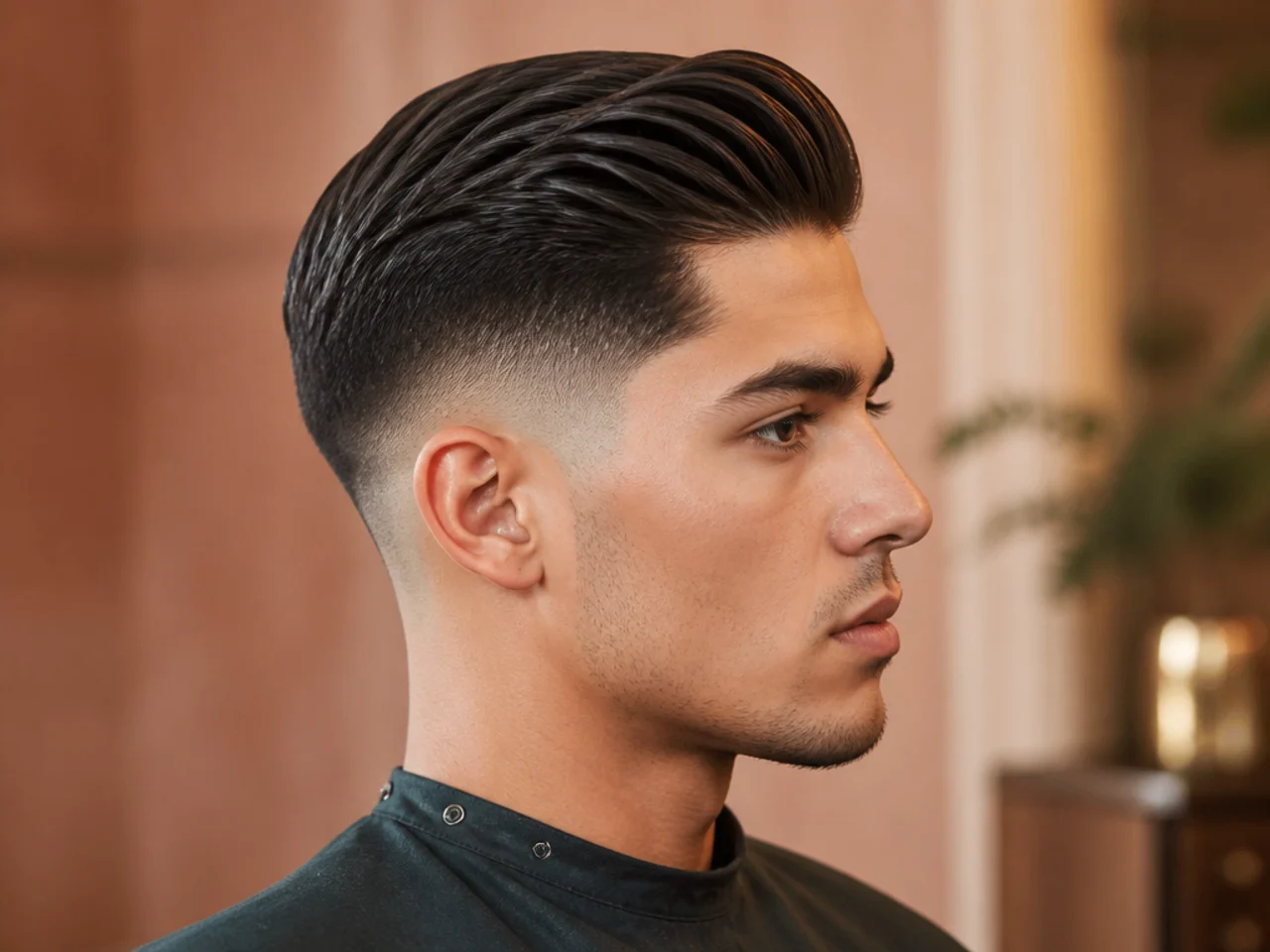 Sculpted comb-over with low drop fade, four-inch top, defined side part, matte finish
