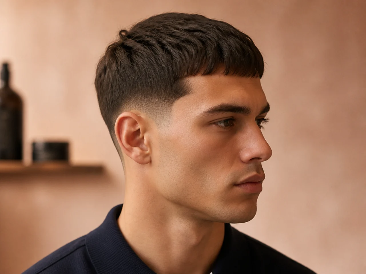 Sharp caesar haircut with low taper, blunt short fringe, matte finish, quiet perimeter blend