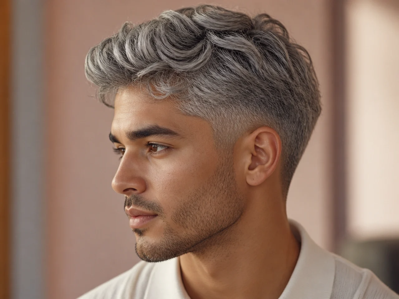 Silver fox haircut with low taper fade, three-inch top, grey hair, side part, matte finish