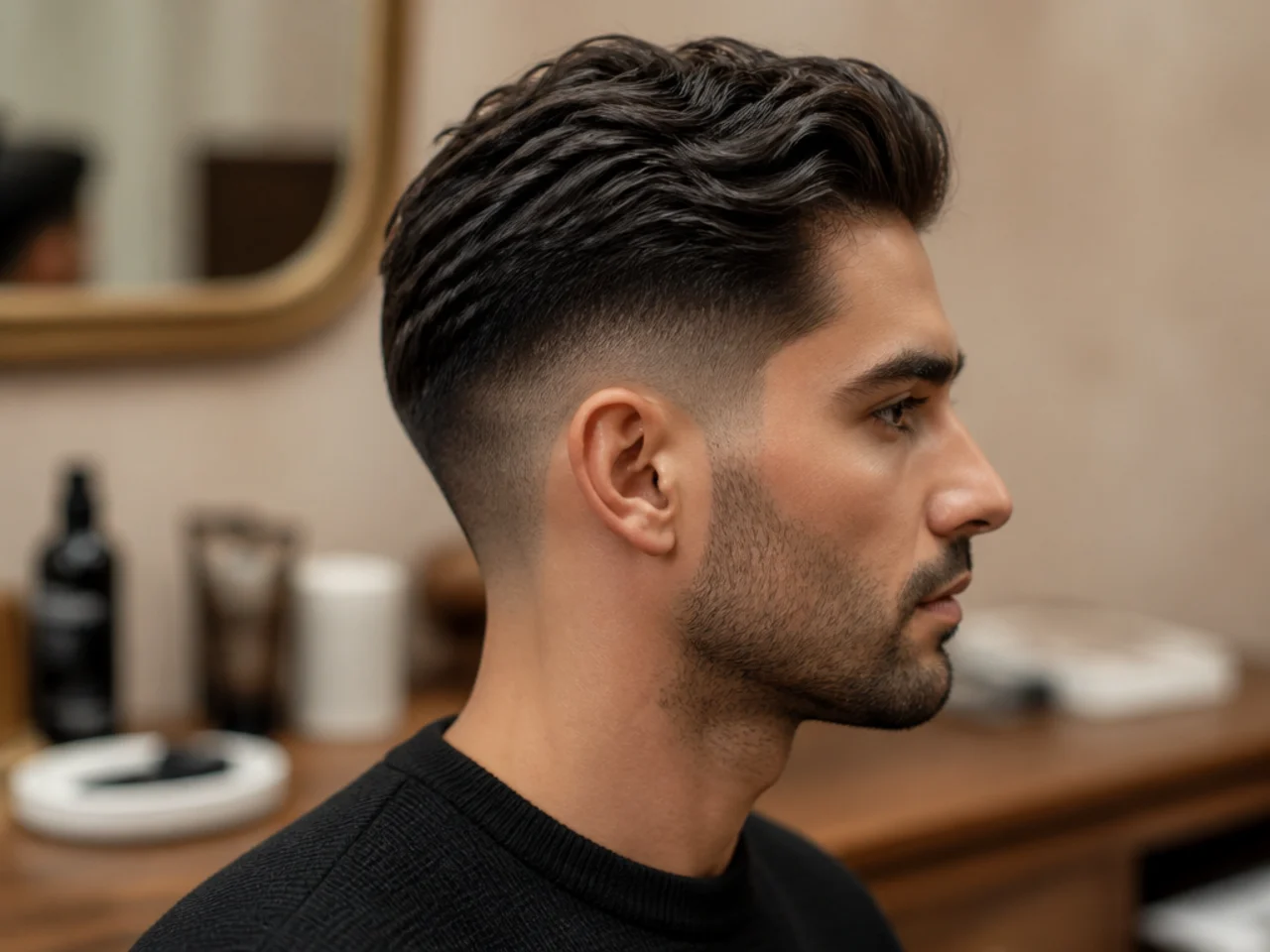 Flat lay of grooming products for an old money fade haircut — matte clay, matte cream, wide-tooth comb, small round brush