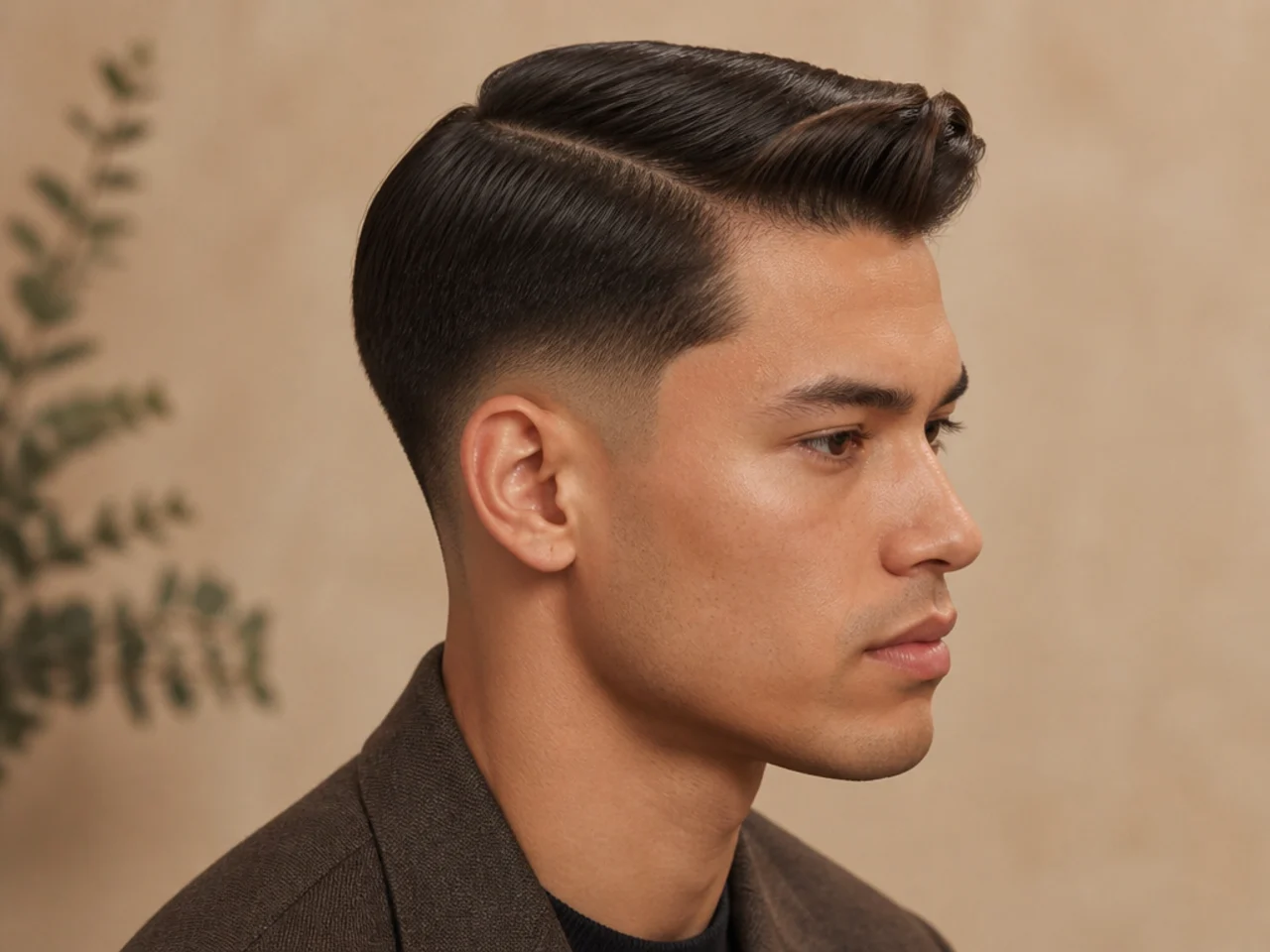 Tailored side part with low taper fade, three-inch top, deep natural break, matte finish, subtle blend