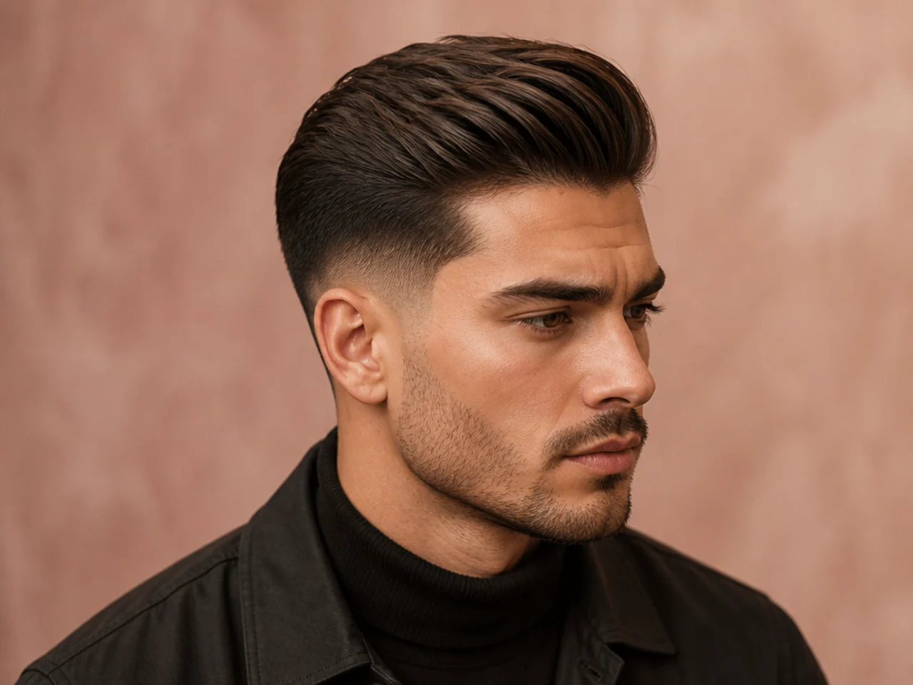 Tapered pomp with low fade, three-inch top, natural front lift, matte finish, subtle side blend