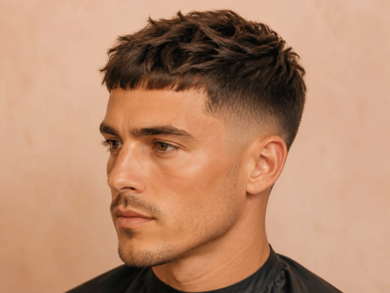 Textured French crop with low fade, one-and-a-half-inch top, soft forward fringe, matte finish