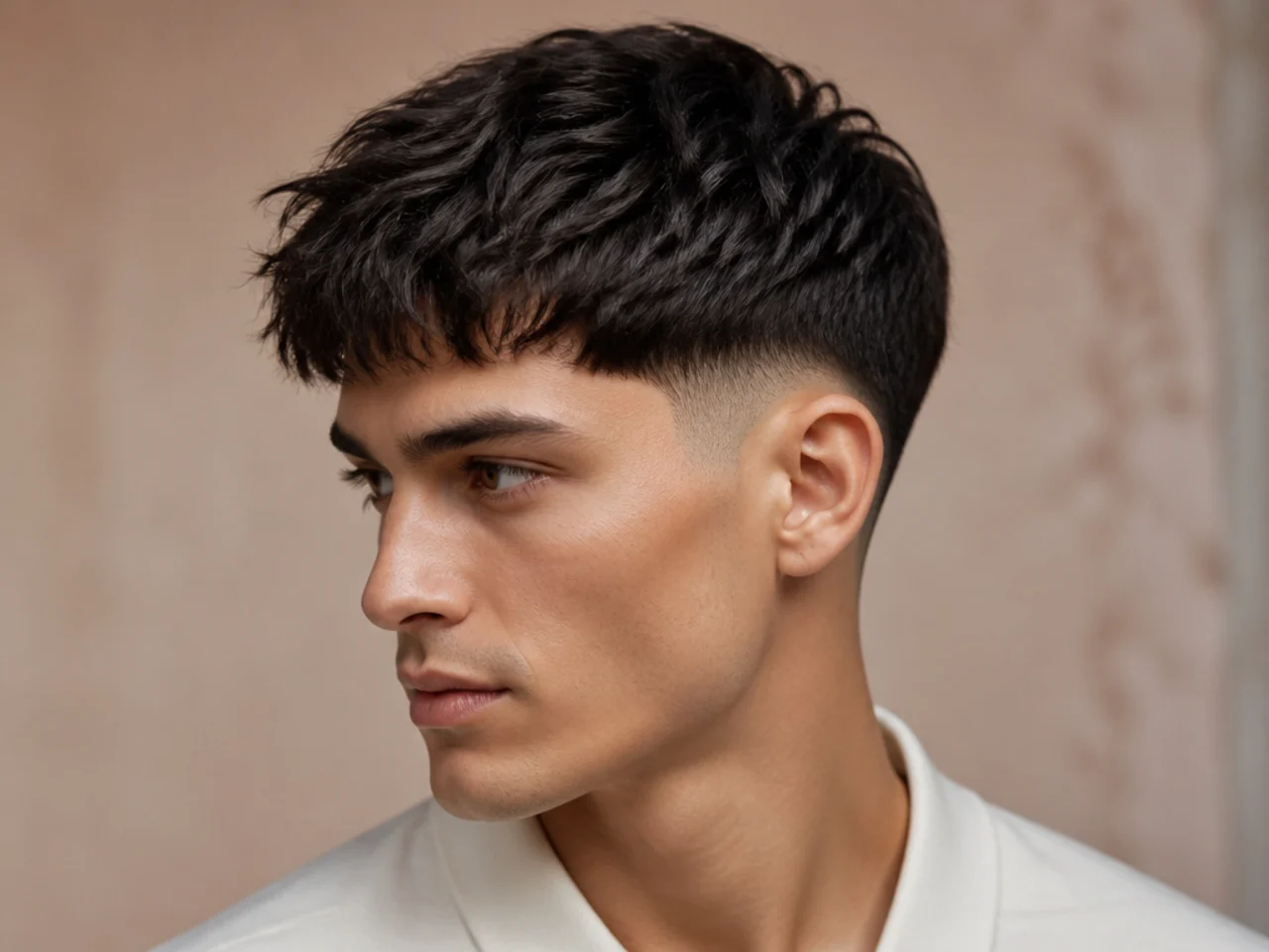 Textured fringe with low taper, two-and-a-half-inch top, forward-pushed fringe, matte finish