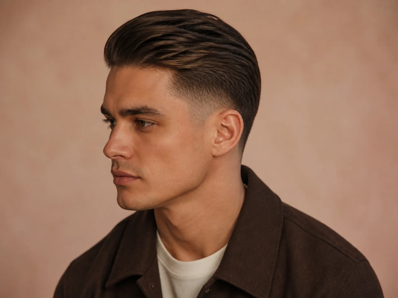 Understated slick back with low fade, four-inch top, matte finish, subtle temple blend