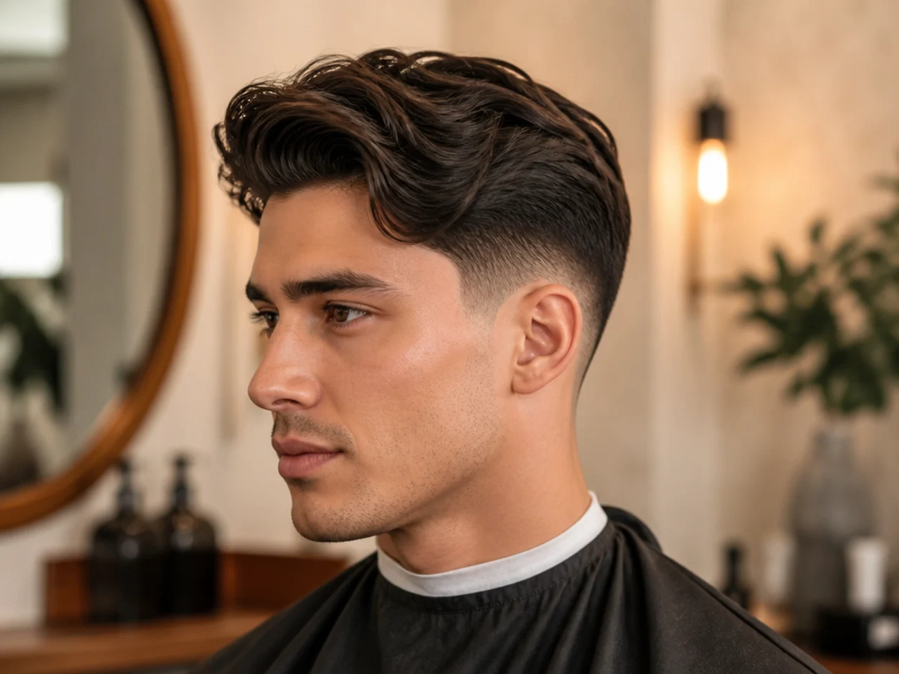 Wavy side sweep with low fade, three-inch top, natural side part around cowlick, matte finish