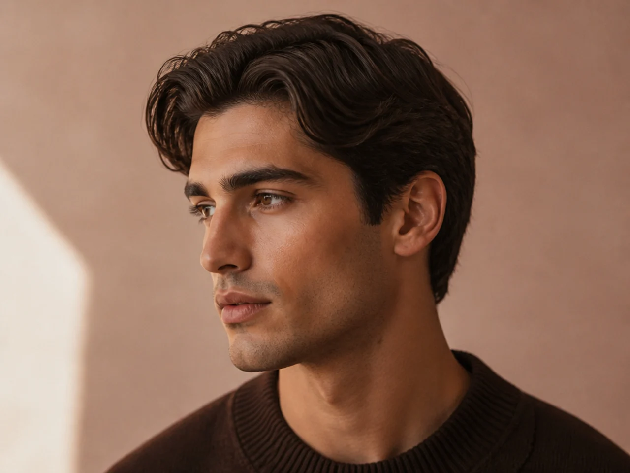Aristocrat's cut old money haircut on diamond face, four-inch top swept over, longer scissor-tapered sides tucked behind ears