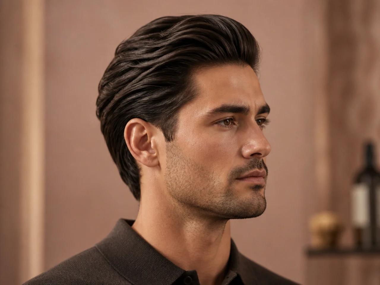 Brushed-back gentleman old money haircut on square face, three-inch top swept back with no part, tapered sides