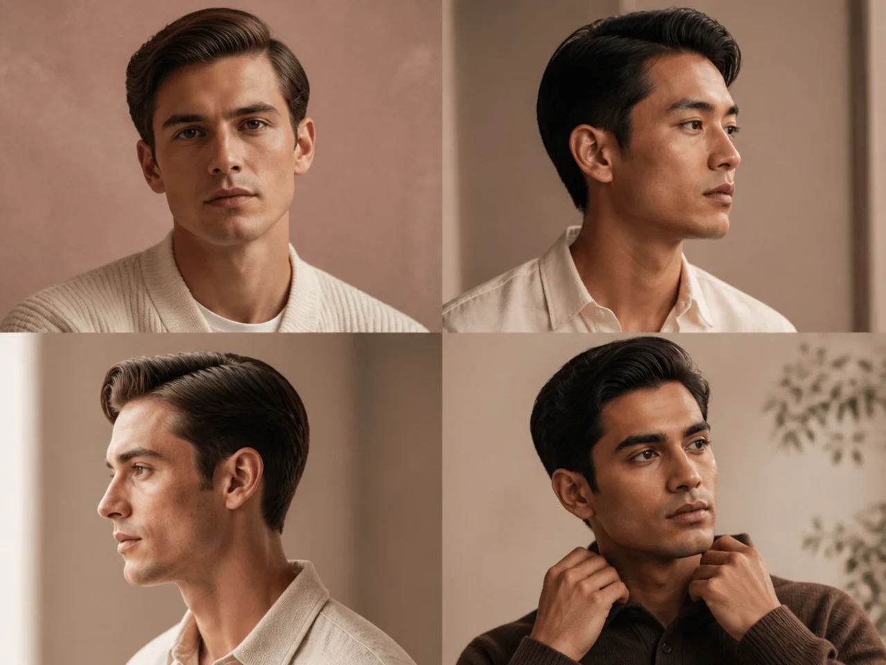 Classic Ivy League old money haircut on an oval-faced man, two-inch top, natural side part, scissor-tapered sides, matte finish