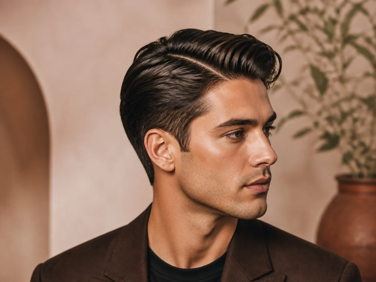Deep side part old money haircut on oval face, three-inch top, deep natural break, matte finish, scissor sides