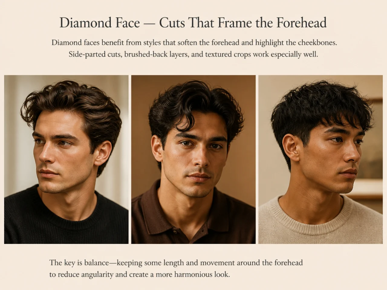 Three-quarter editorial portrait of a man with a diamond face wearing an old money haircut with volume at the forehead and cheekbones balanced