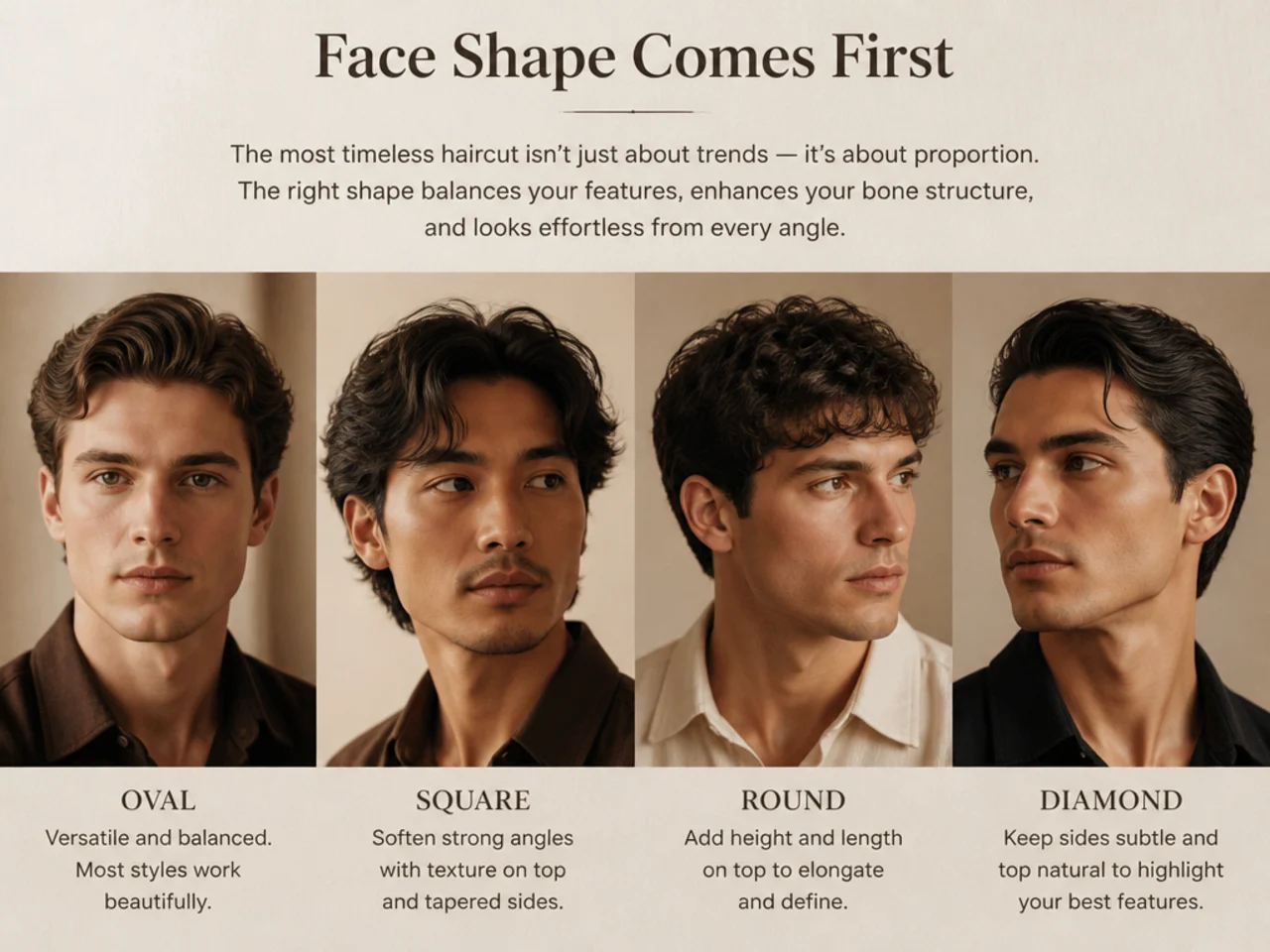 Diagram of six face shapes — oval, round, square, heart, oblong, diamond — with old money hairstyle notes for each