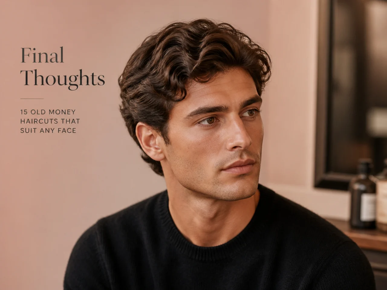 Editorial final three-quarter portrait of a man with a tailored old money haircut in warm blush-cream lighting, matte finish, wearing a cashmere sweater