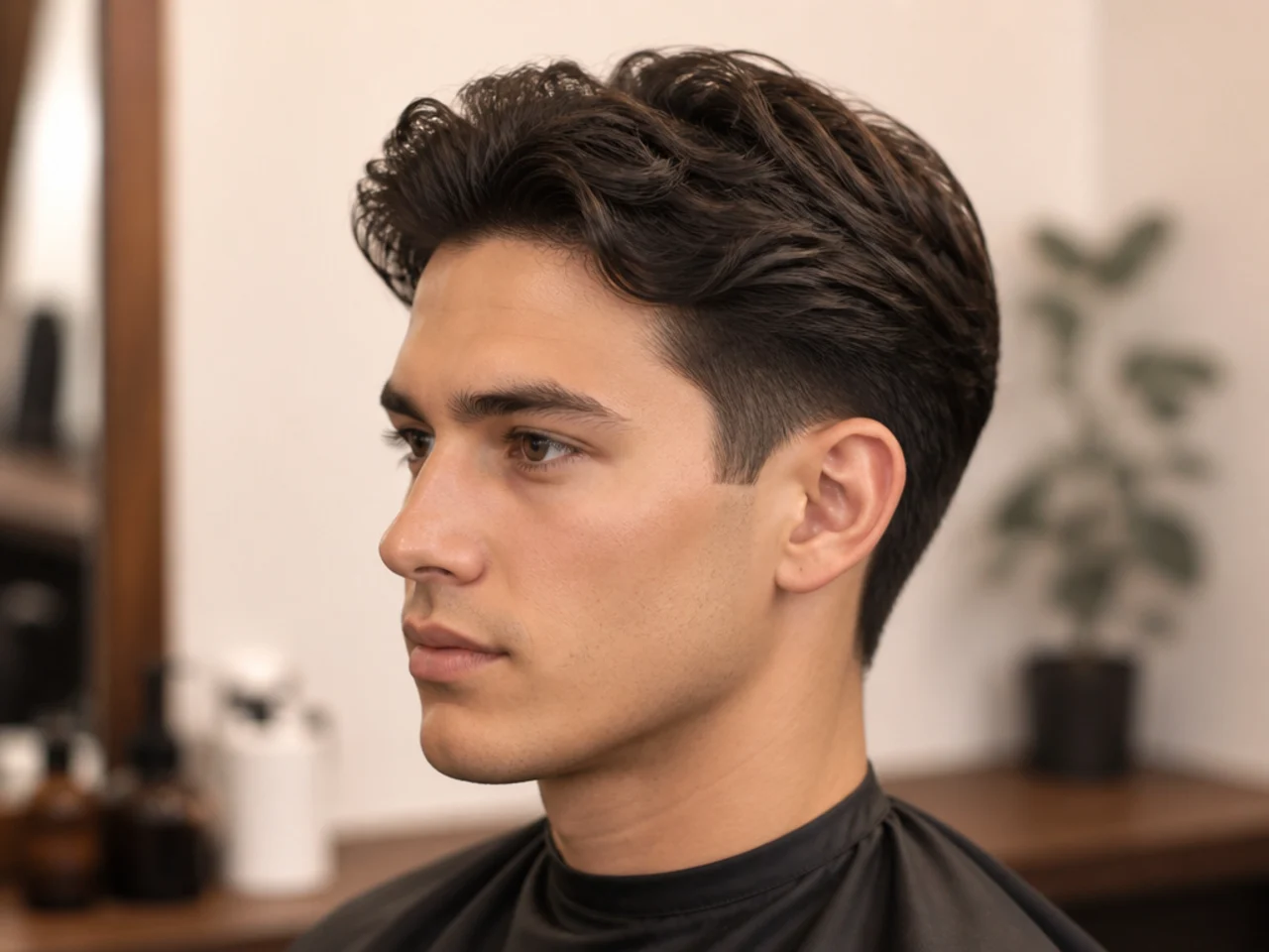Full-sided scissor taper old money haircut on oblong face, medium top, longer scissor sides, no fade