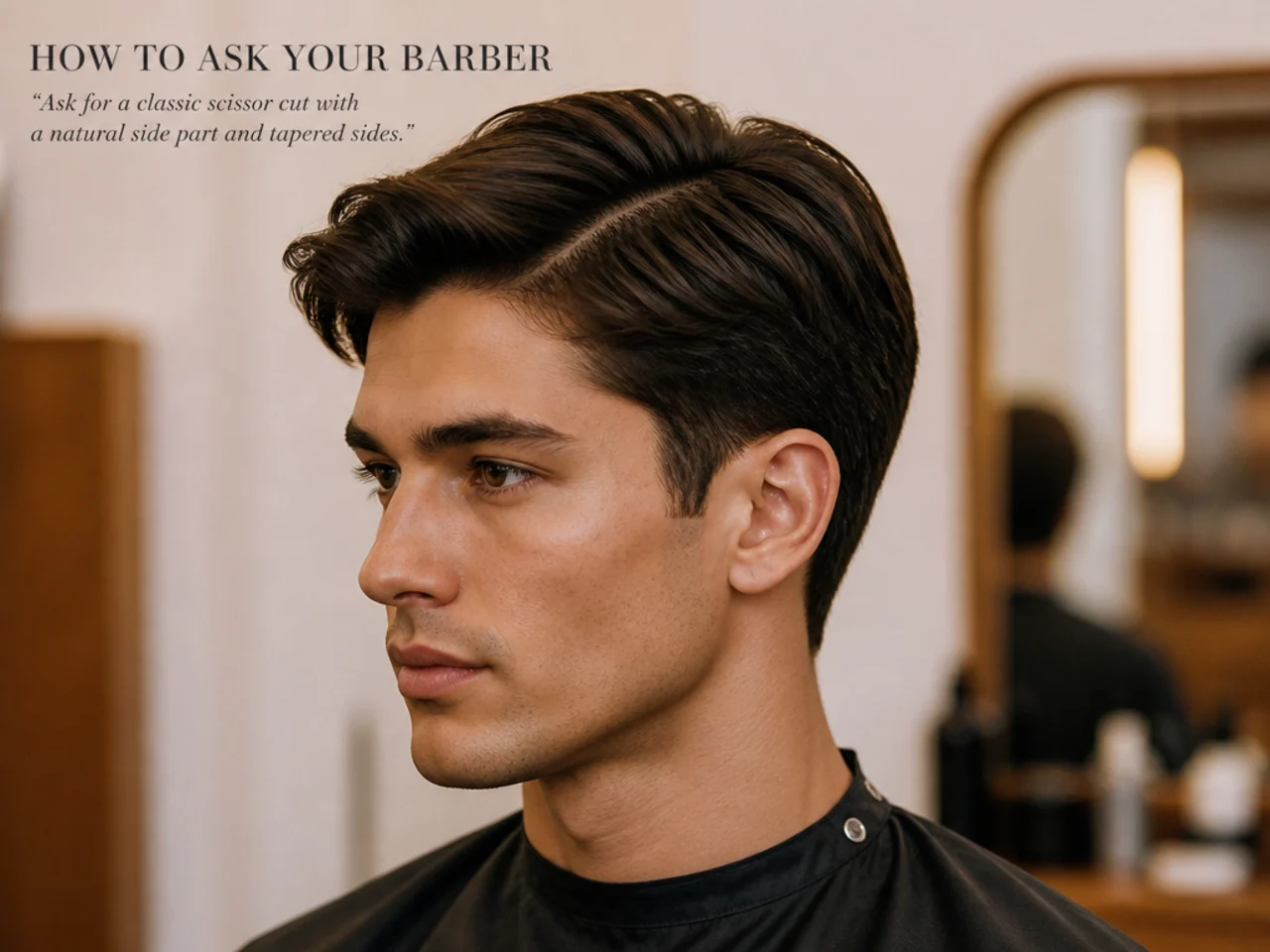 Barber and client at the barbershop chair discussing an old money haircut with a phone reference photo