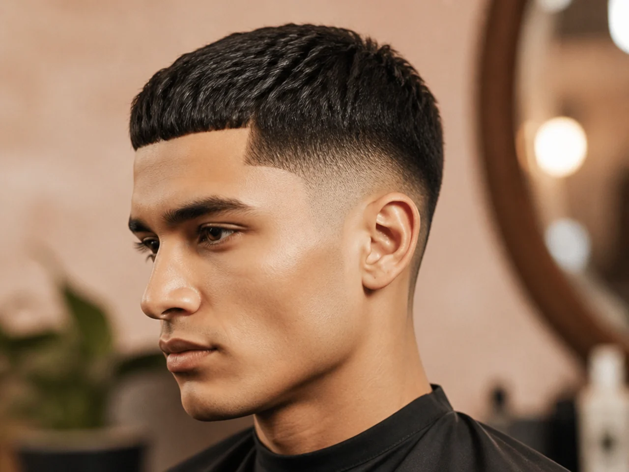 Precision crew old money haircut on oblong face, inch-and-a-half top, razor-clean neckline, tapered sides