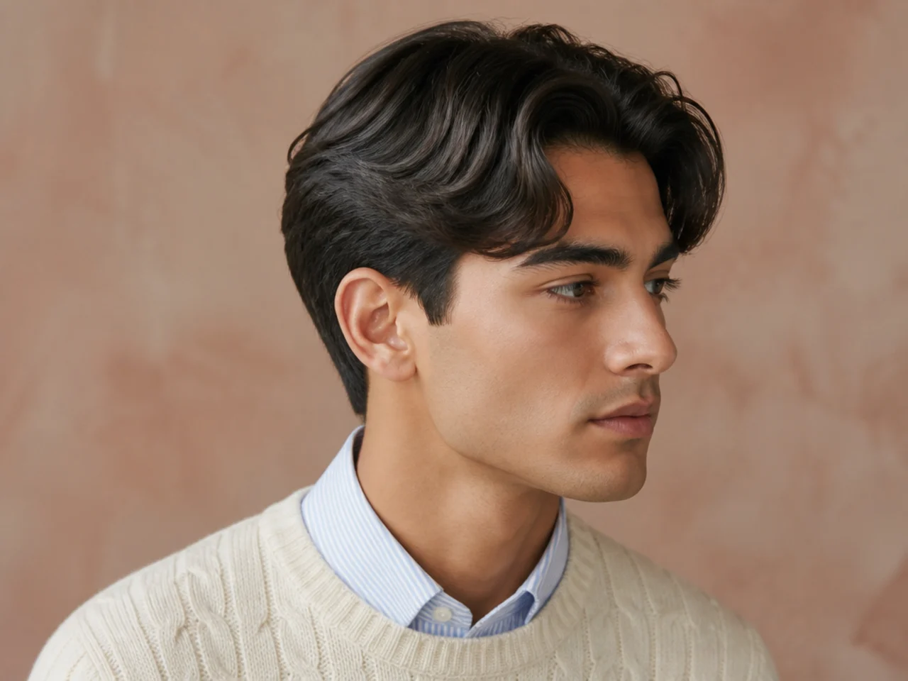Prep-school comma old money haircut on heart face, small comma fringe curling back, three-inch top, scissor-blended sides