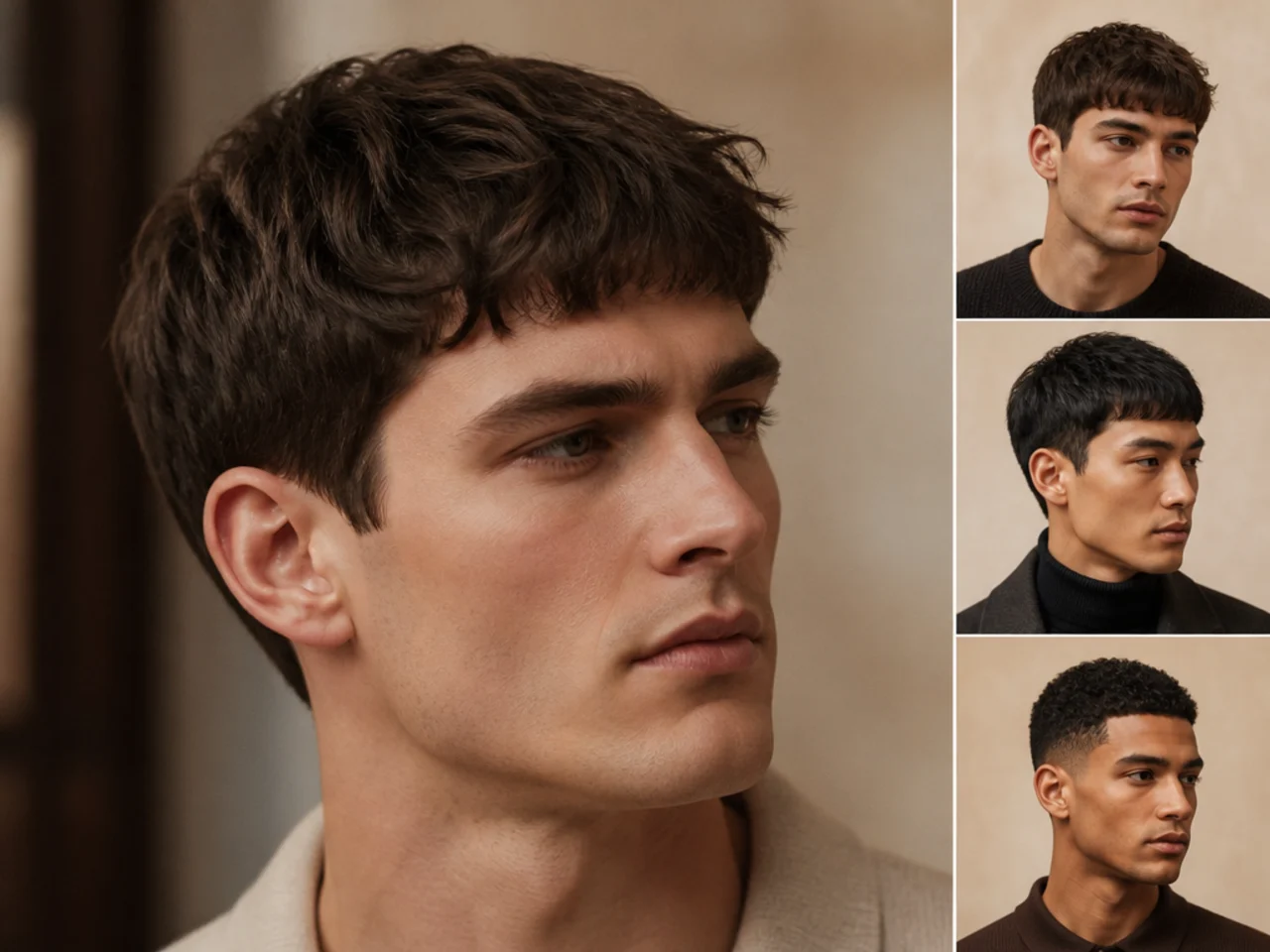 Refined French crop old money haircut on round face, blunt short fringe, low fade sides, matte finish