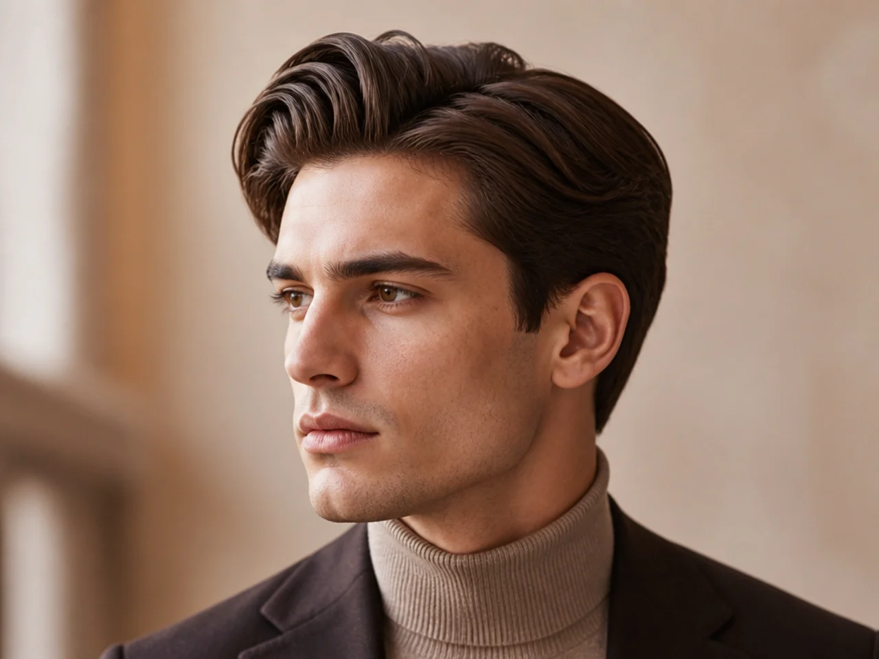 Sculpted comb-over old money haircut on square face, four-inch top swept across, soft neckline, scissor-blended sides