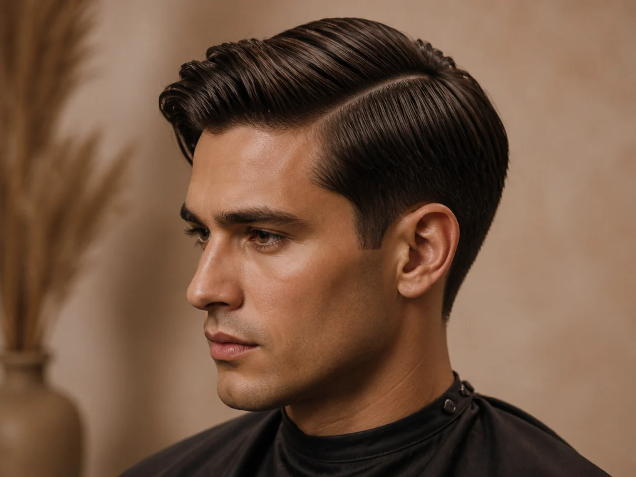Sharp elevated side part old money haircut on round face, three-inch top blown up at the front, deep part, tight sides