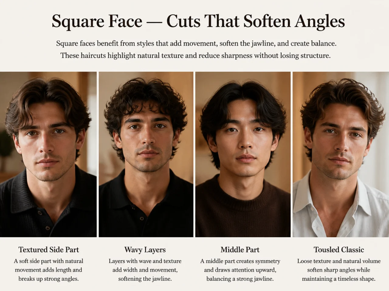 Three-quarter editorial portrait of a man with a square face wearing a softly styled old money cut with no hard edges