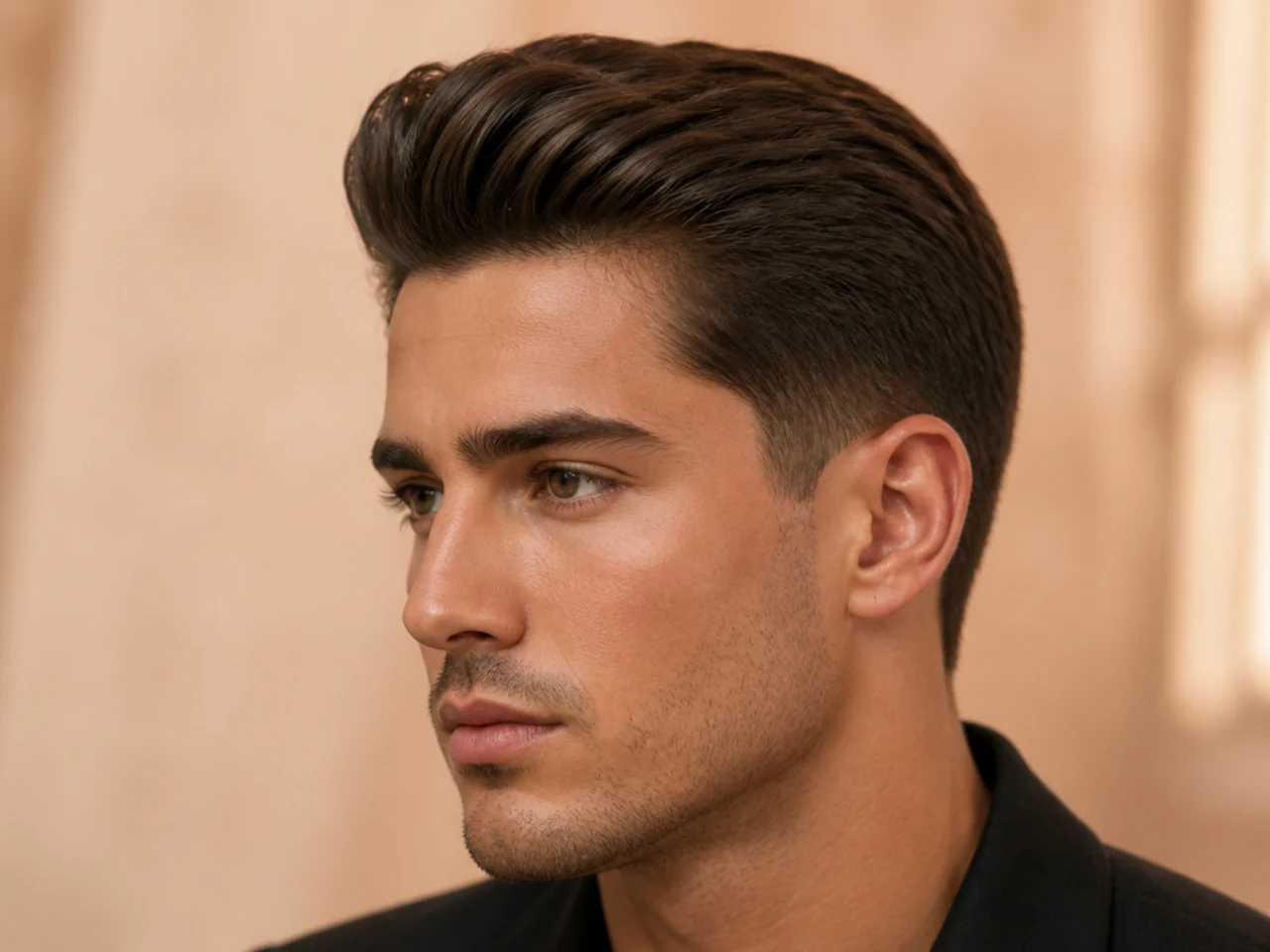 Tapered pomp old money haircut on round face, three-inch top, natural front lift, scissor taper on sides