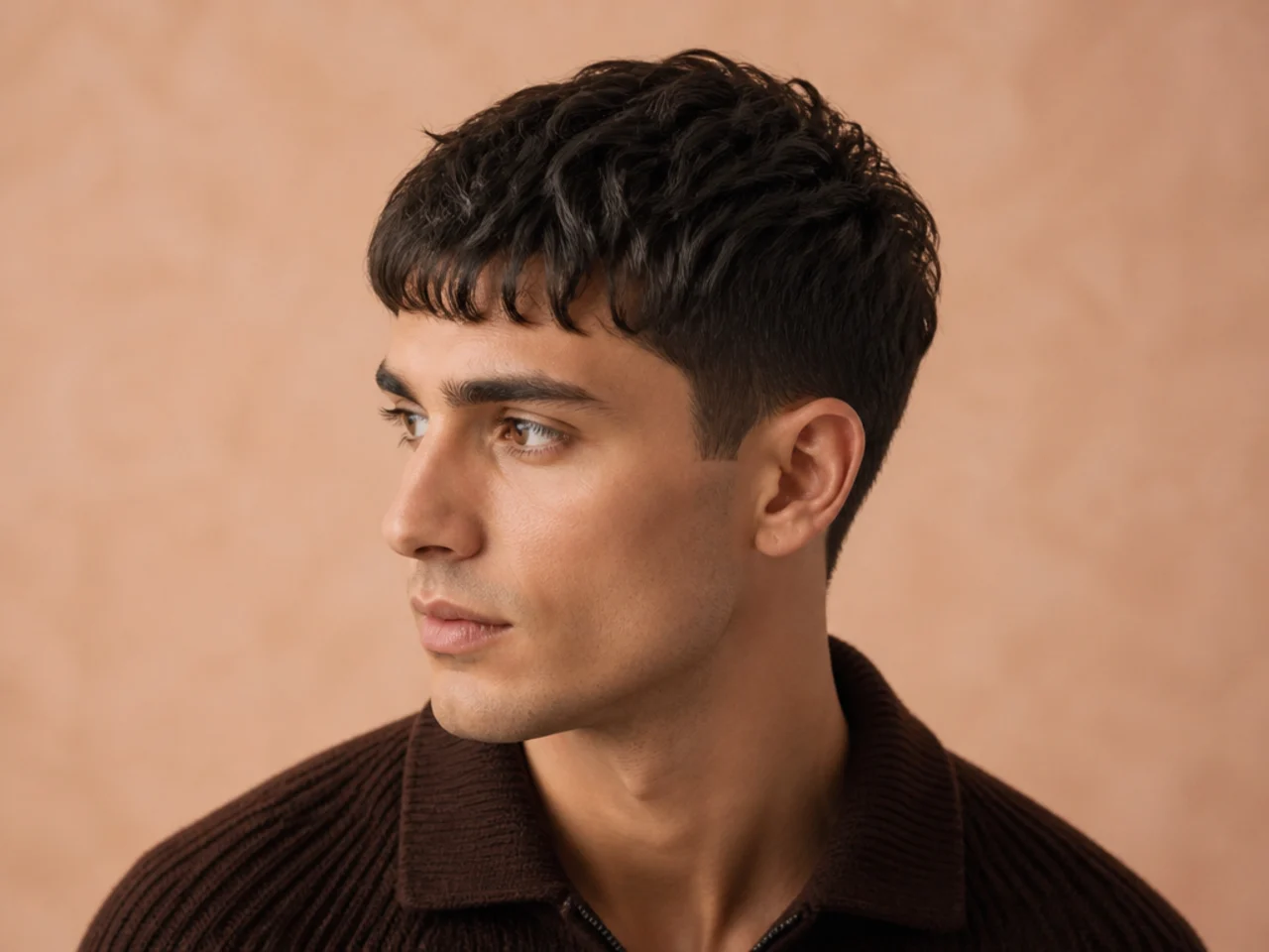 Textured Caesar old money haircut on heart face, textured short fringe, scissor-tapered sides, matte finish