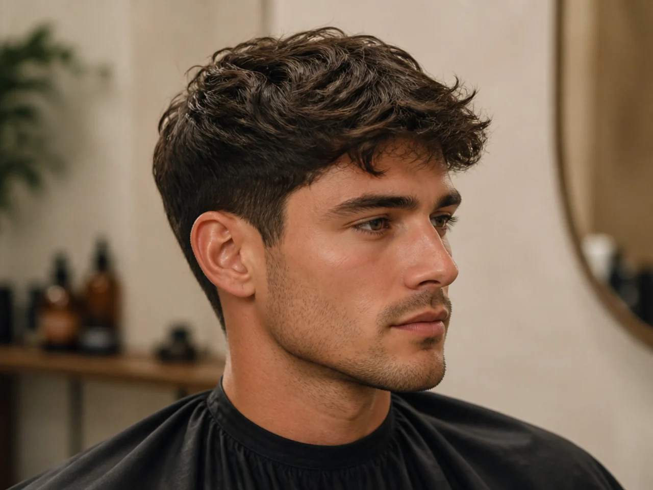 Textured Ivy League old money haircut on square face, two-inch point-cut top, scissor sides, soft matte finish