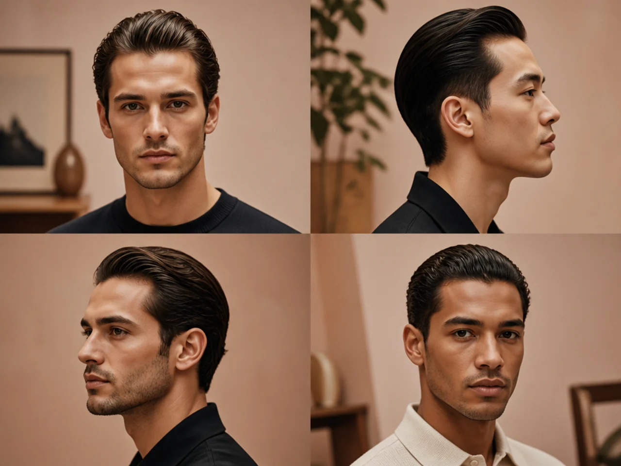 Understated slick back old money haircut on oval face, four-inch top, scissor-tapered sides, matte finish