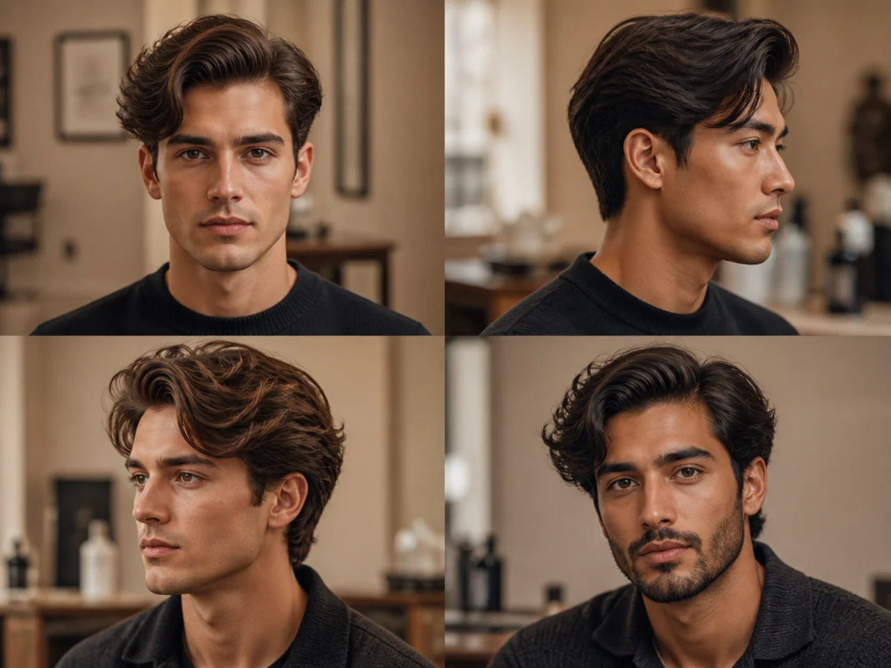 Voluminous side sweep old money haircut on diamond face, three-inch top pushed sideways with fringe across forehead