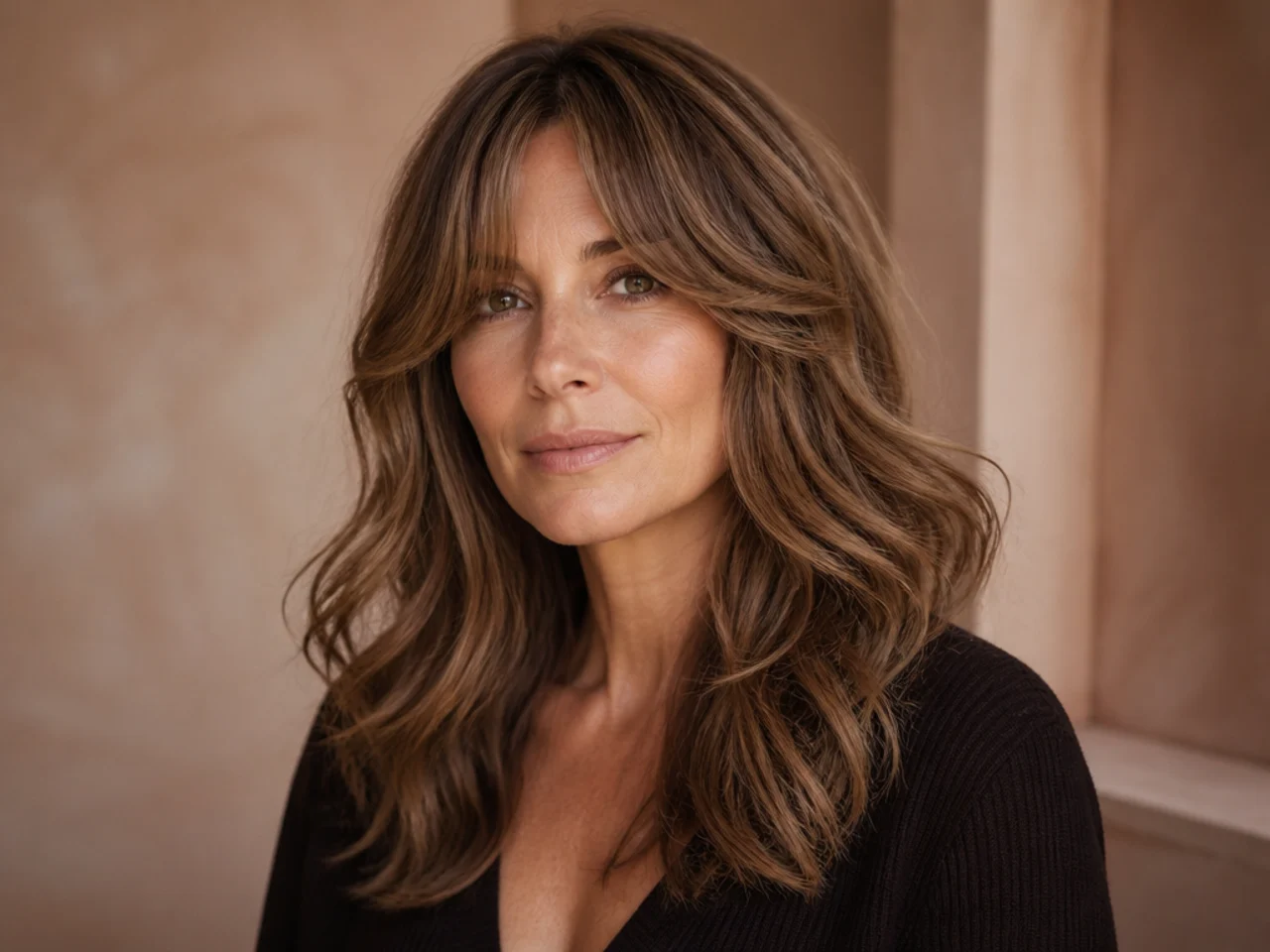 Curtain bangs on wavy hair