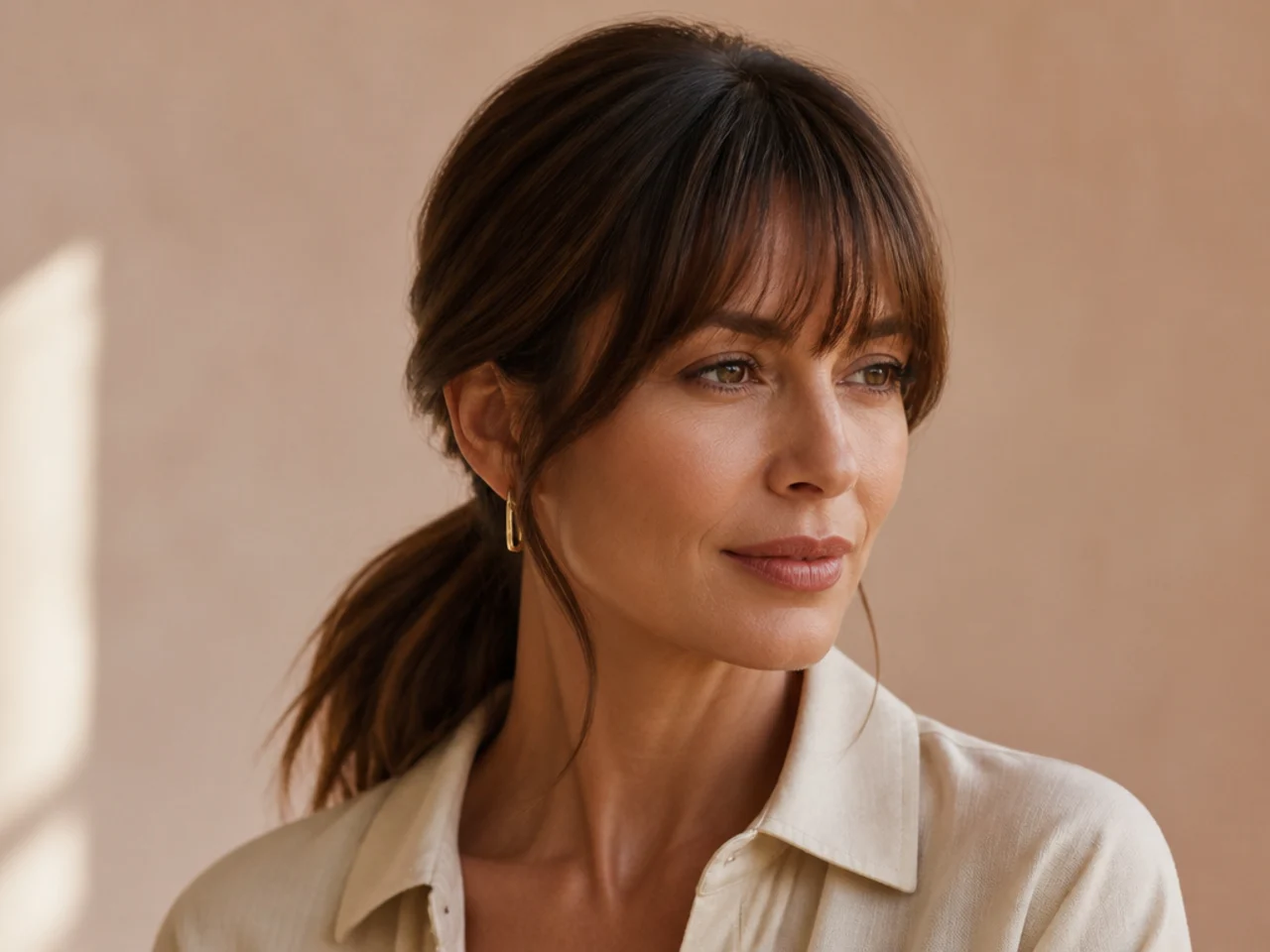 A fringe worn with a low ponytail