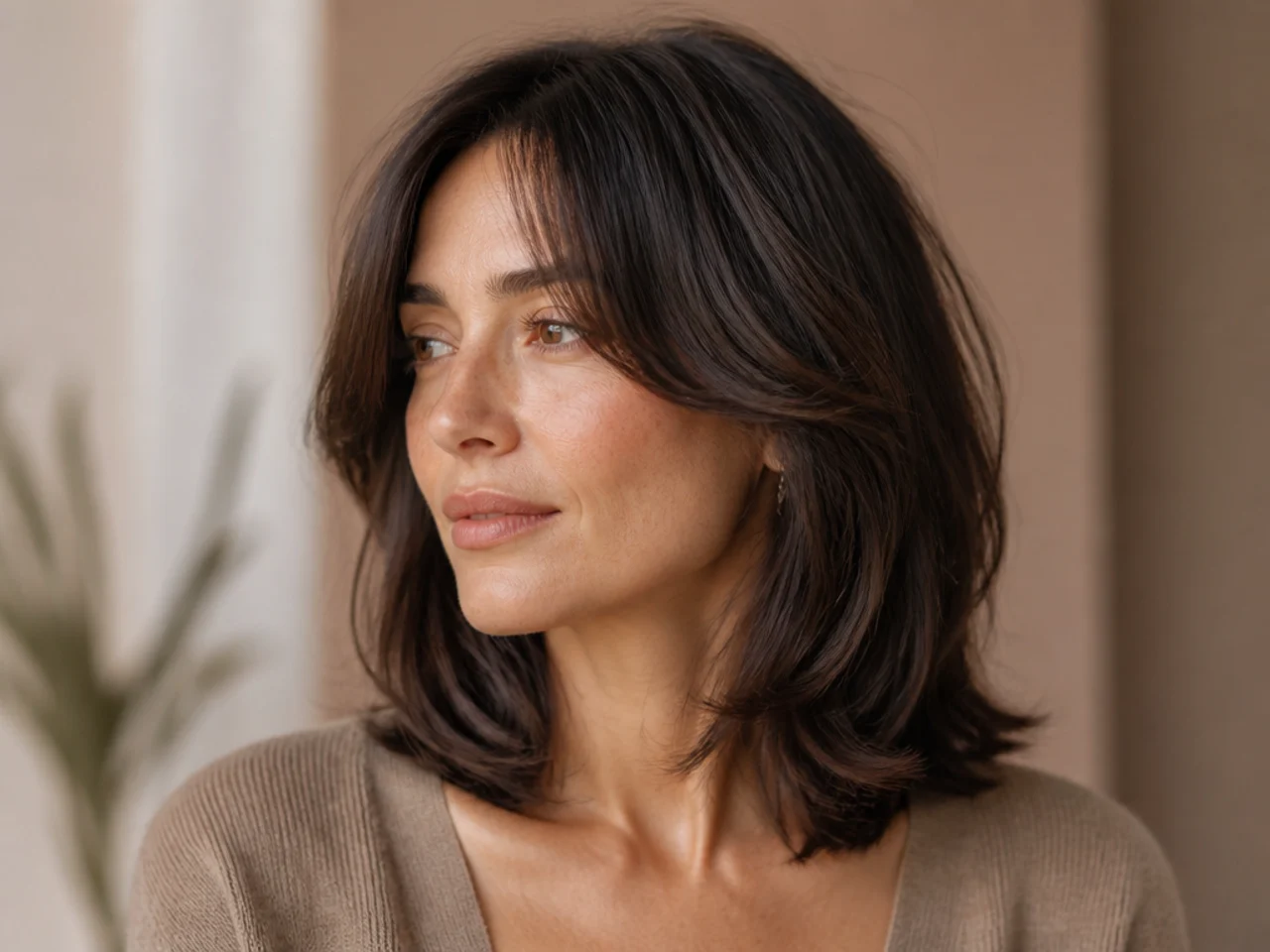 Cheekbone-length curtain bangs