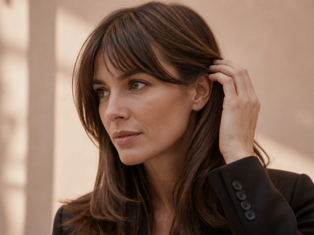 A long fringe being tucked behind an ear