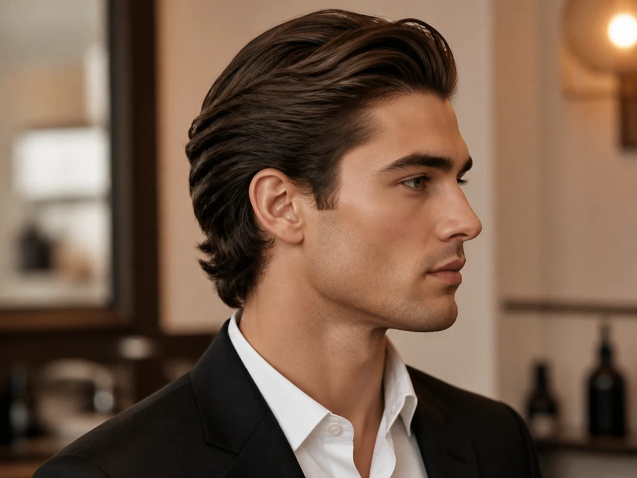 Brushed-back gentleman old money haircut with three-inch top swept back, no part, tapered sides