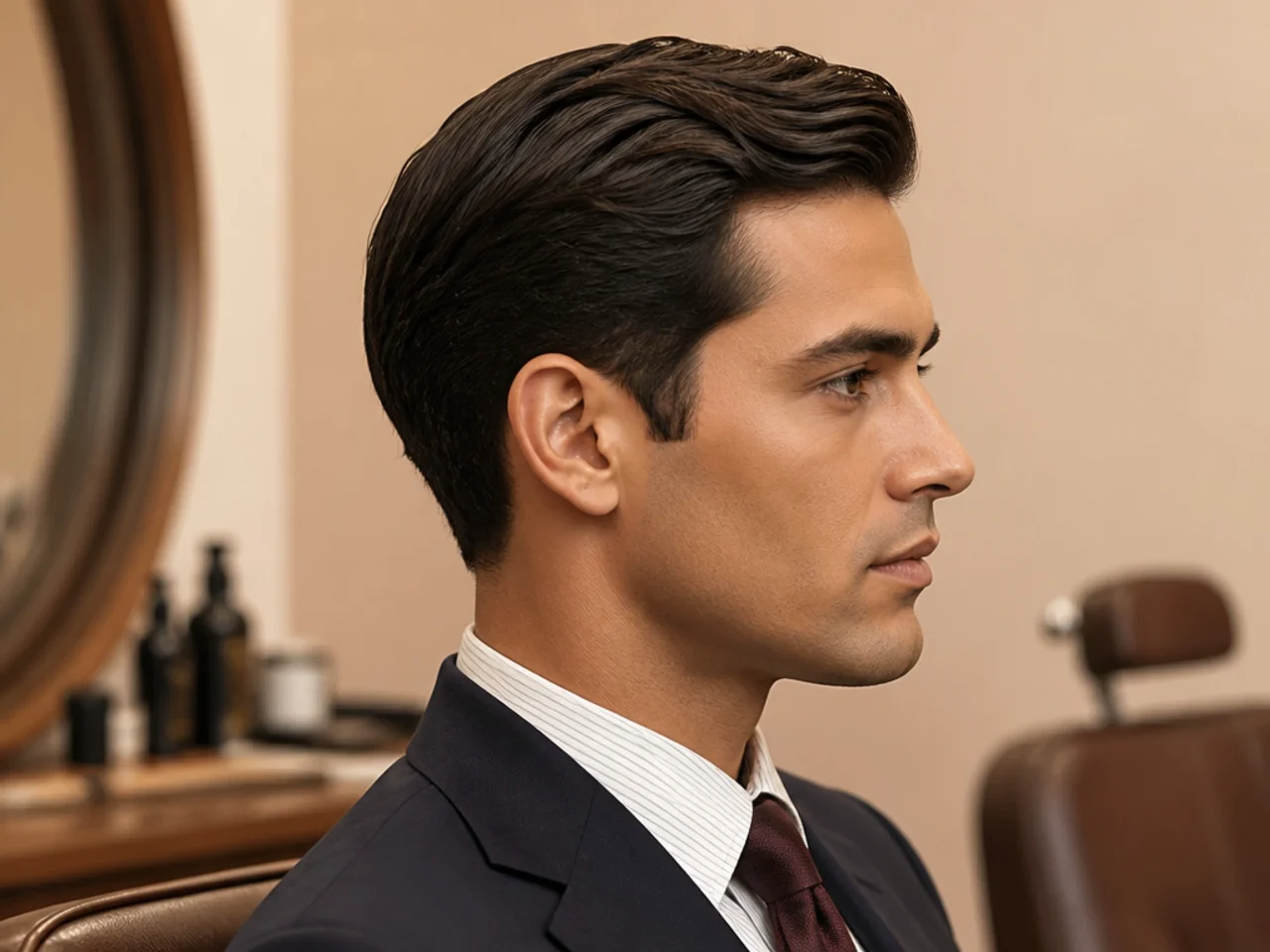 Business ivy old money haircut with three-inch top, scissor-tapered sides, deep part, matte finish, wearing a suit