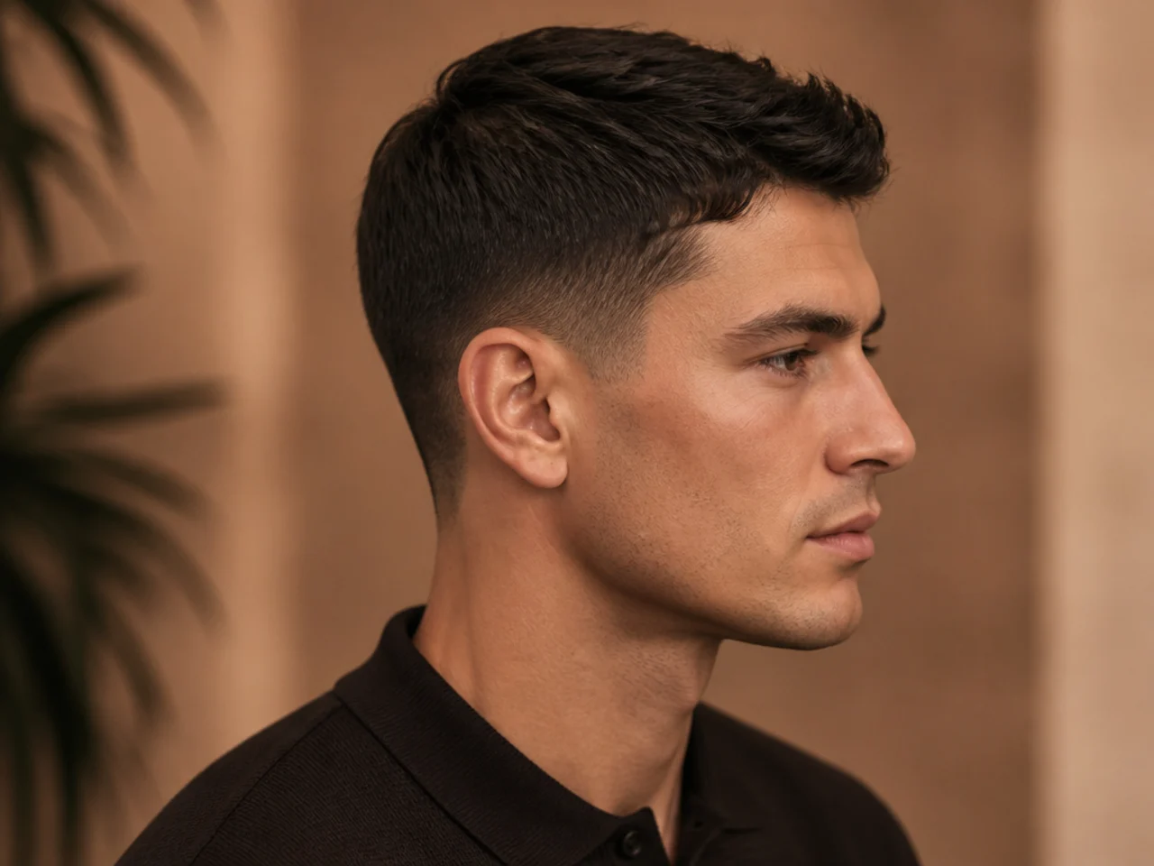 Editorial short old money haircut with piecey textured top, tight tapered sides, magazine-style finish