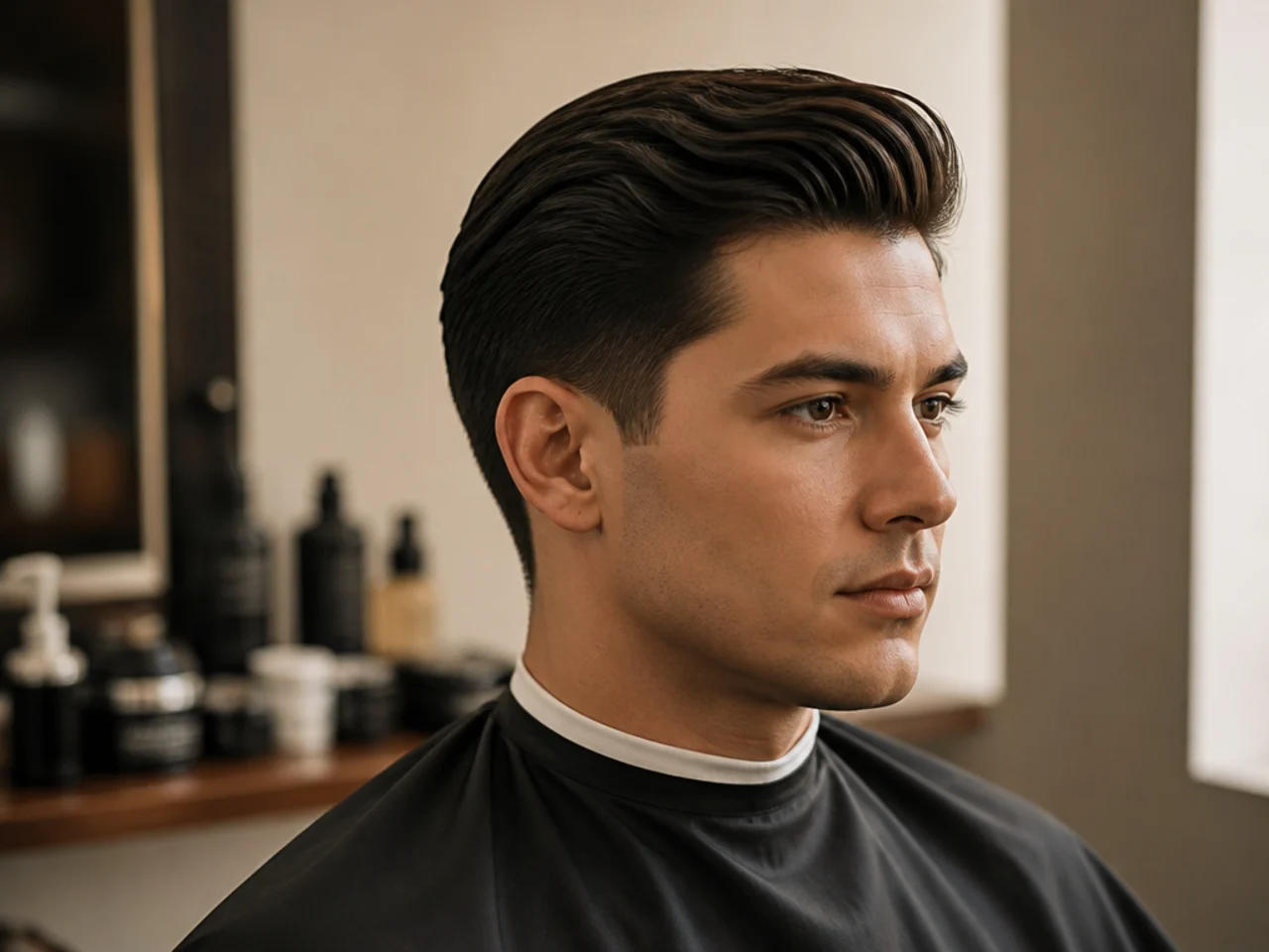Executive contour old money haircut with sculpted crown shape, three-inch top, no fade, matte finish