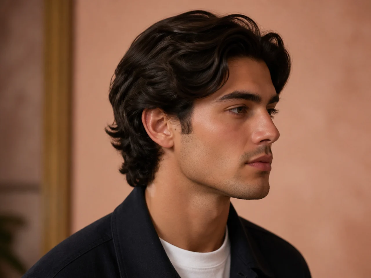 Editorial final three-quarter portrait of a man with a tailored side part old money haircut in warm blush-cream lighting, matte finish, wearing a cashmere sweater
