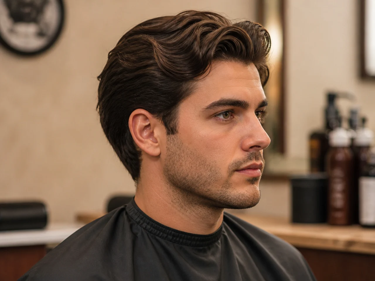 Barber and client at the barbershop chair discussing an old money haircut with a phone reference photo