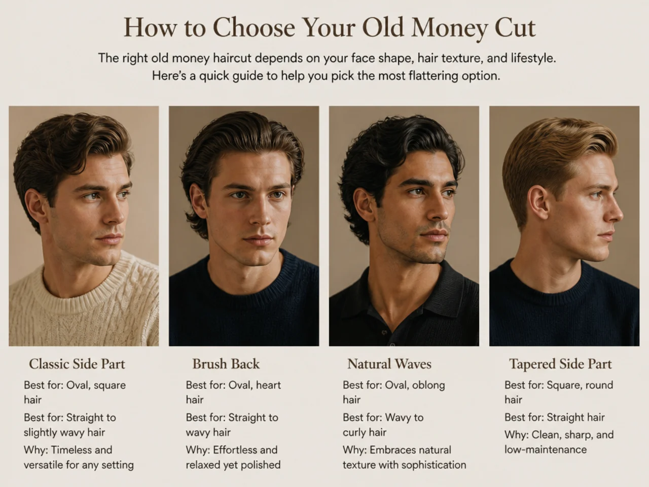 Barbershop reference sheet with face-shape and hair-type diagrams for old money men's haircuts